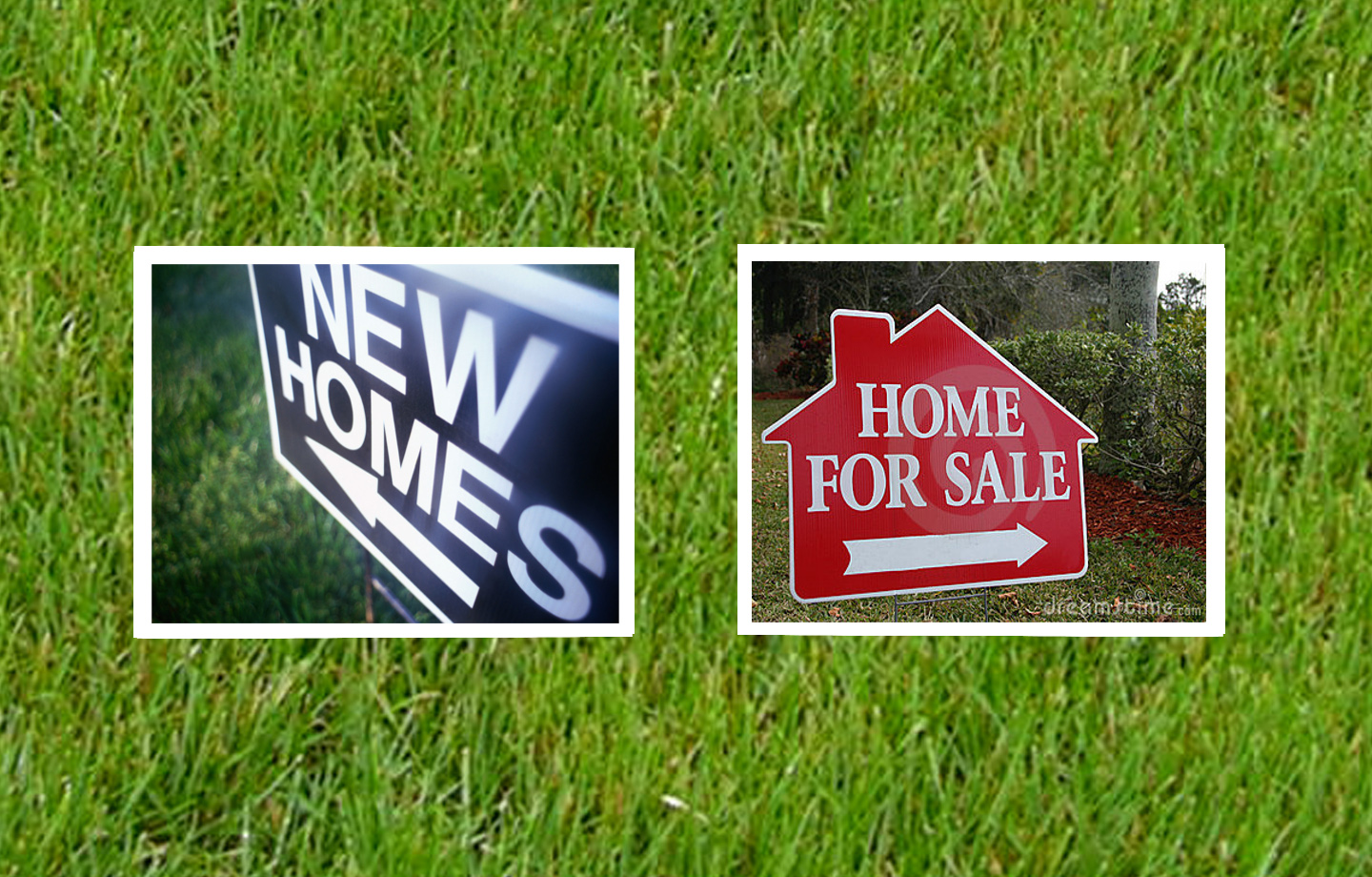 two snapshots over grass that read - NEW HOMES - and - HOME FOR SALE -