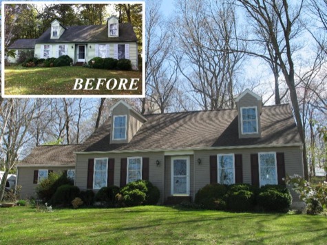 before & after home exterior project photos showing updated siding and more