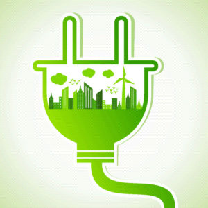 green power plug clip art with skyline and windmill inside it