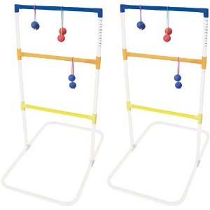 two ladder golf stands with game balls hanging