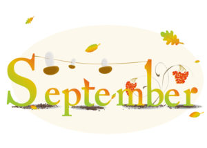 sign that reads september and has various fall decor clip art