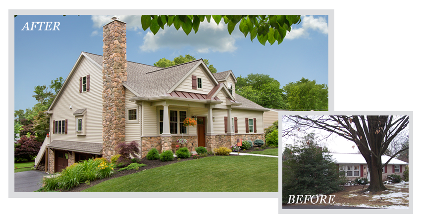 before and after photos of a home remodeling project - exterior view