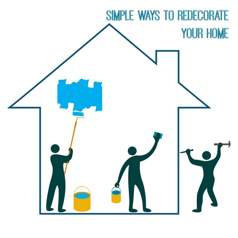 3 stick figures painting a 2d home outline with the words "simple ways to redecorate your home" above it