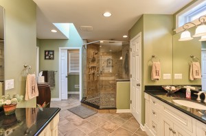 metallic bathroom with large walk-in shower