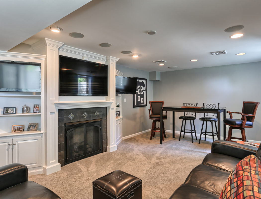 finished basement with fireplace