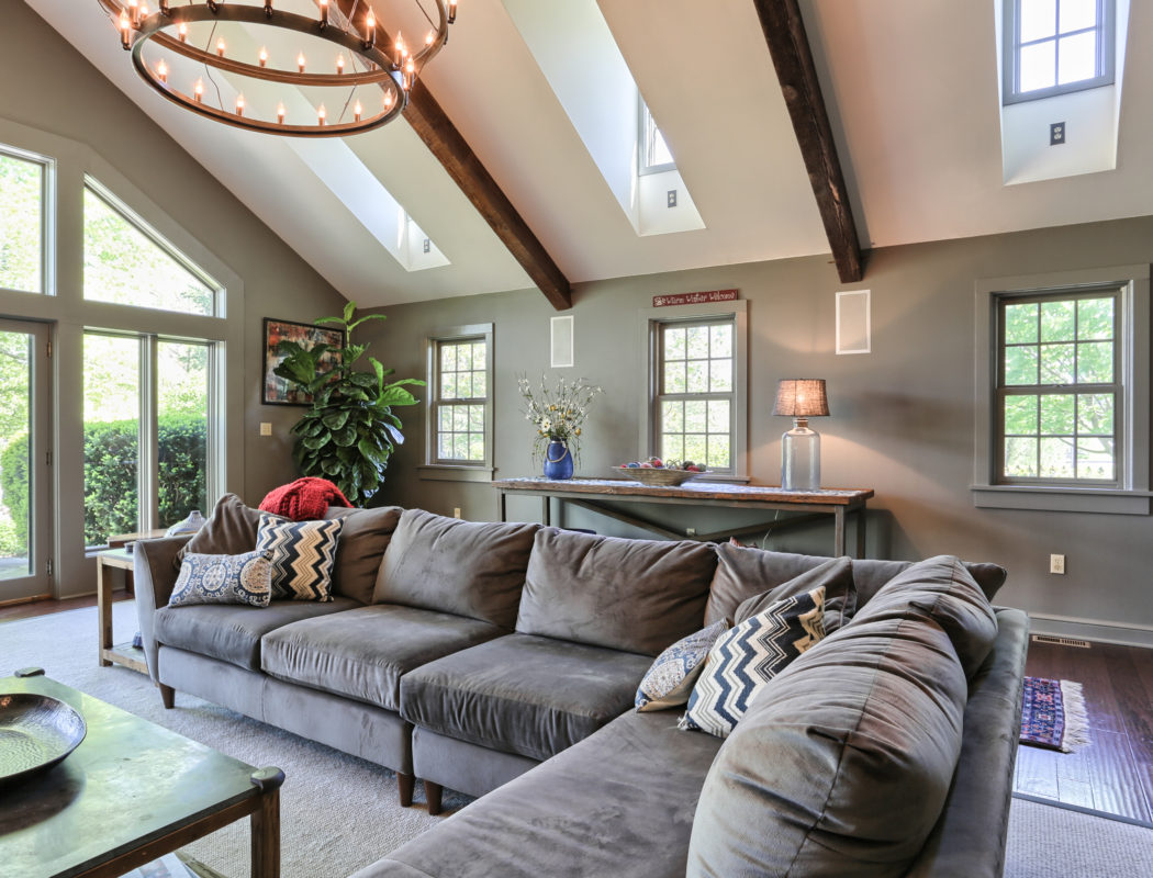 vaulted ceiling family room with skylights