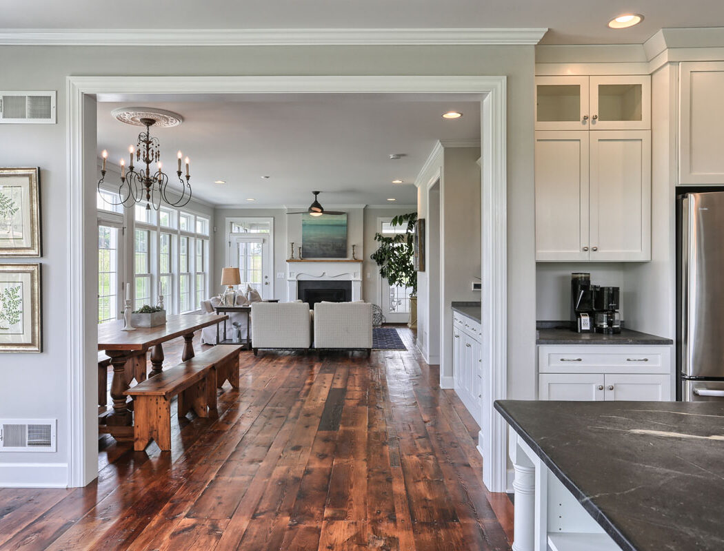 country farmhouse dining room and living area