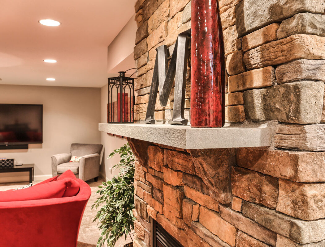 a stone shelf installed in a basement renovation