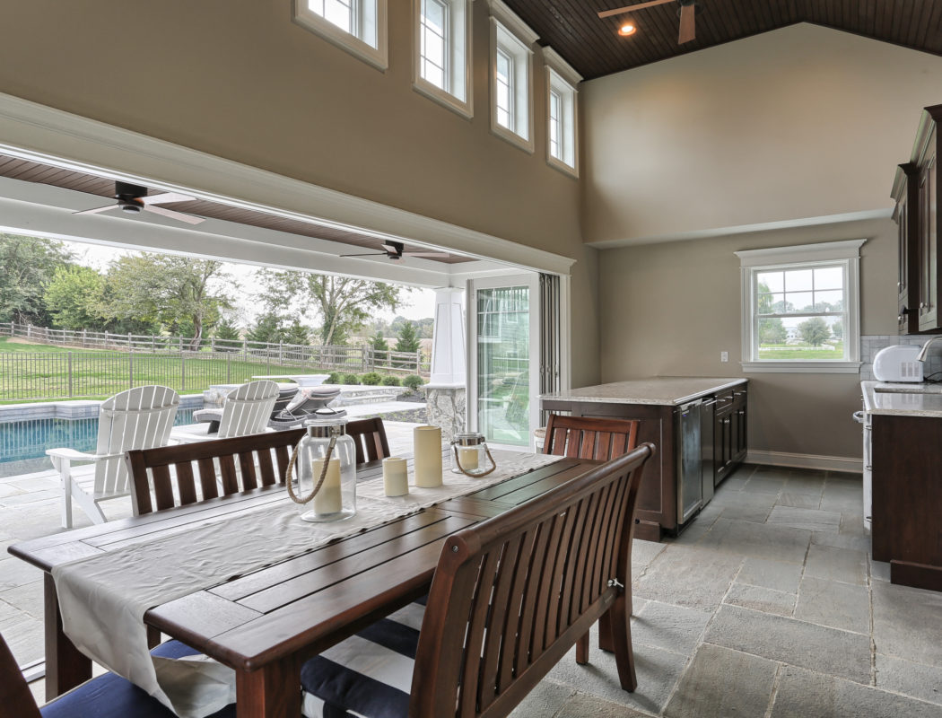 dining and kitchen area inside a pool house