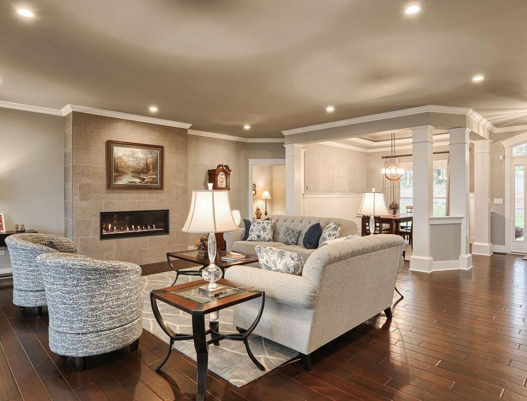 elegant living room and kitchen area