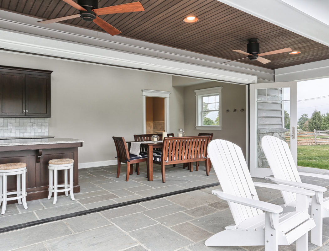 bar and dining area inside a pool house