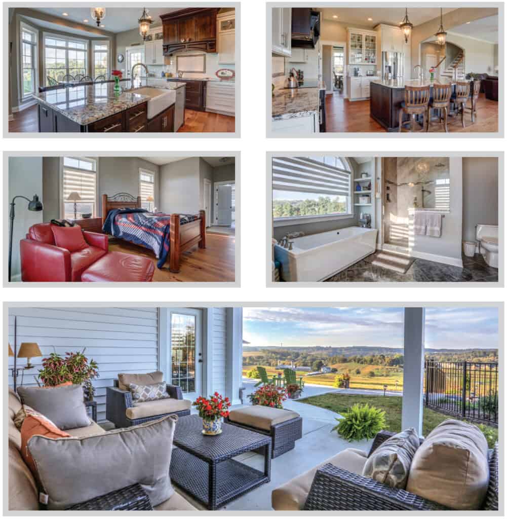 collage of photos for a new one story home. photos show the kitchen and dining area, bedroom, bathroom, and back patio with a scenic overlook