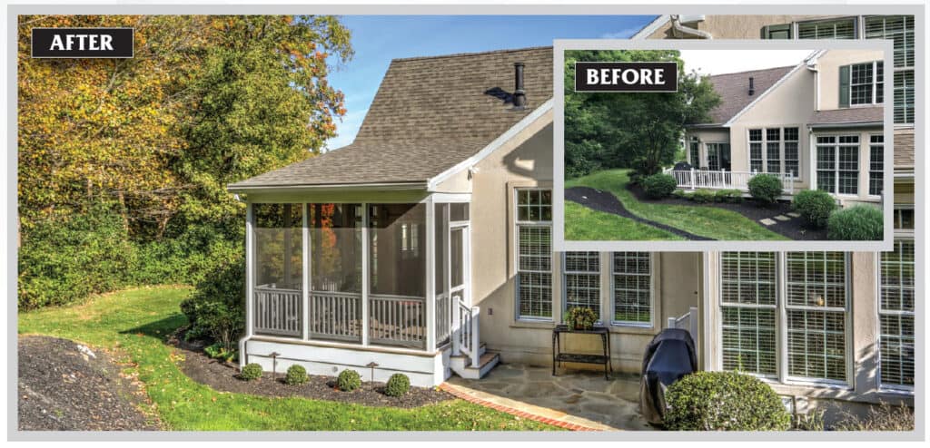 before and after renovation photos of a screened in porch conversion from a patio